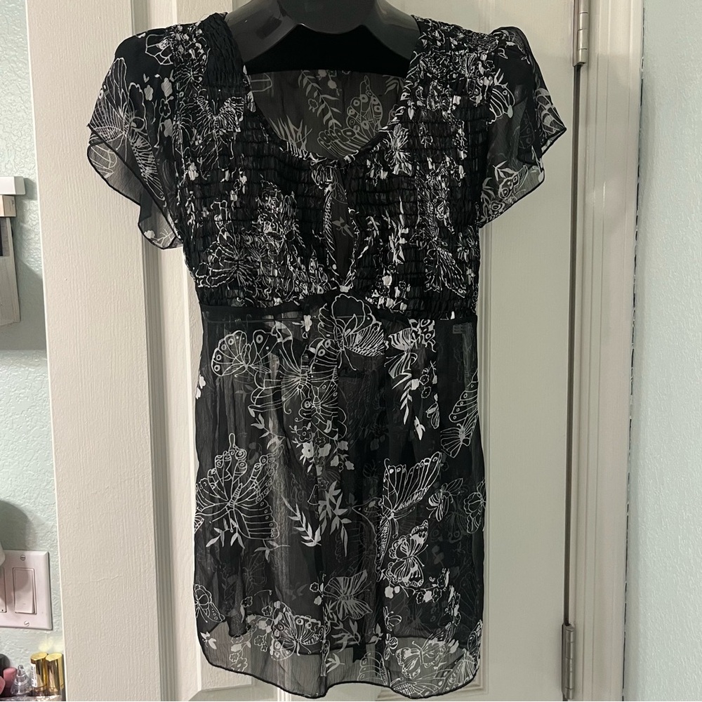 Y2K Charlotte Russe Black and White Floral Butterfly Sheer Blouse Size Medium